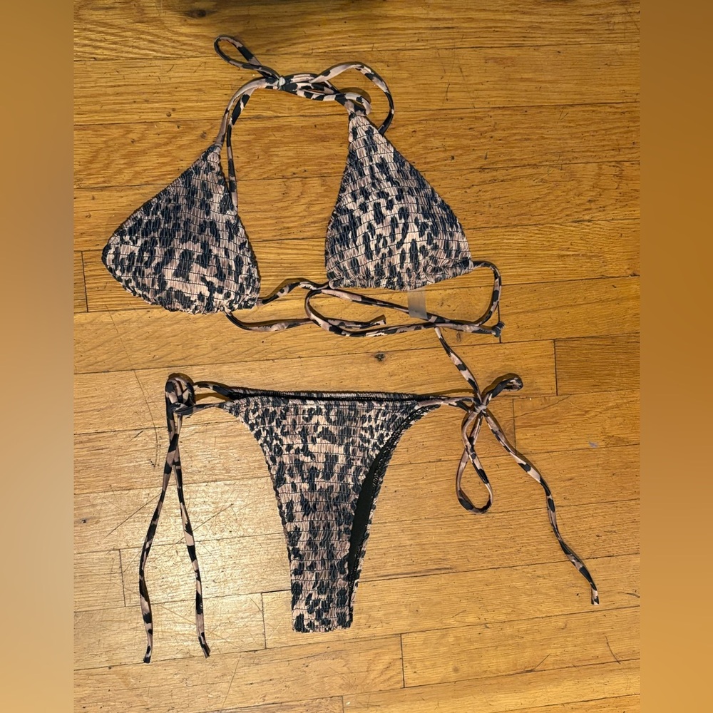 Smocked Ruched Small like new cheetah Animal Print string Bikini Set